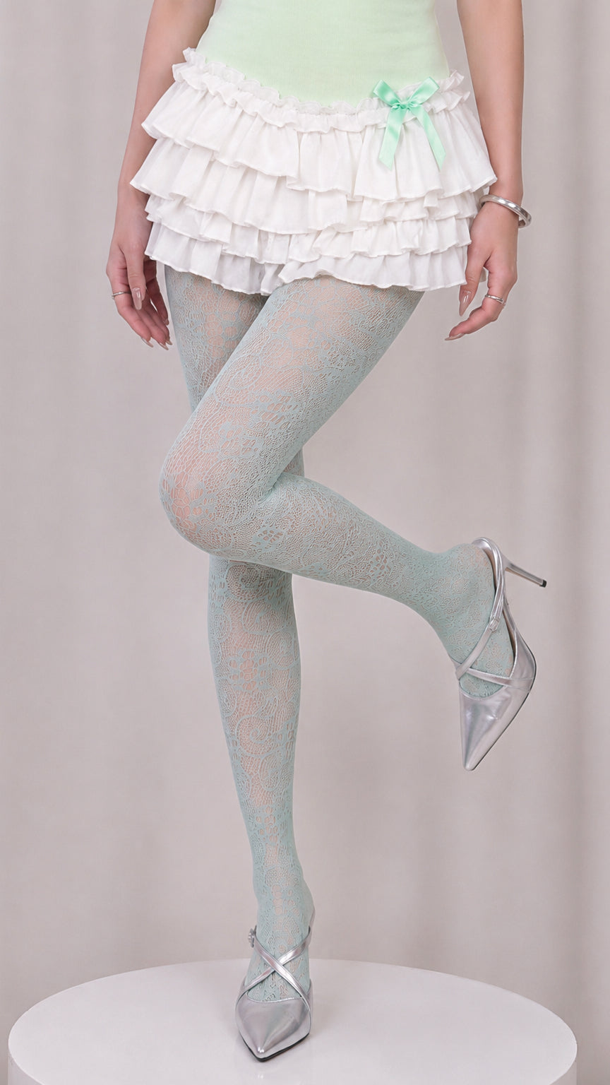 Sage Porcelain Lace — Floral Tights