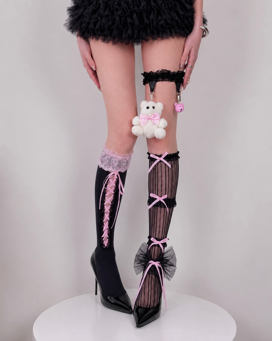 Black Teddy Ribbon Lace Sock Set